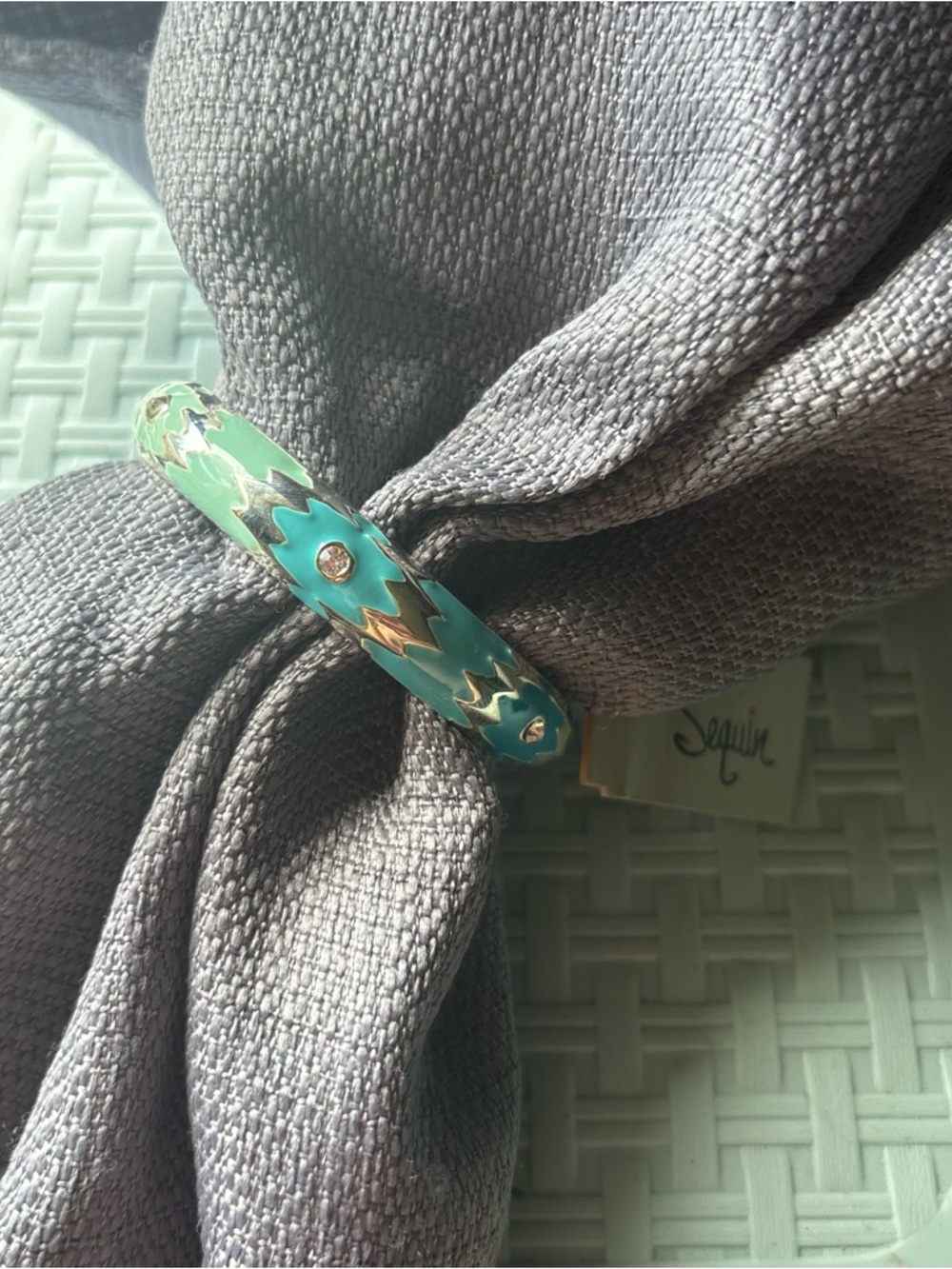 Turquoise Enamel Bangle Bracelet with Gold Accents